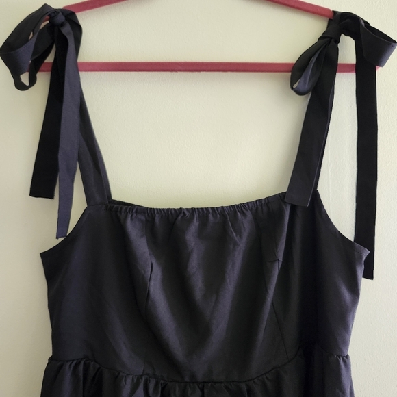 Exlura Size Large Black Babydoll Tie Straps Smocked Back Mini Dress - Picture 4 of 12